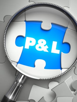 Profit and Loss - Word on the Place of Missing Puzzle Piece through Magnifier. Selective Focus.