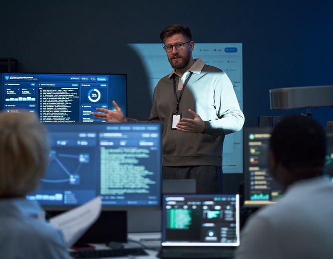 cybersecurity professionals listening to instructor
