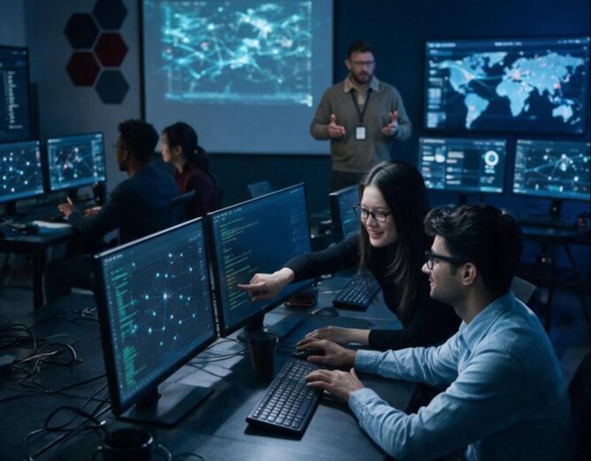 cybersecurity professionals training in a classroom