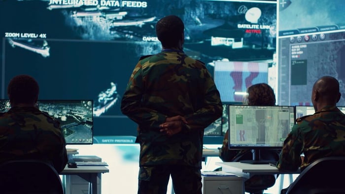 military servicemembers in surveillance room